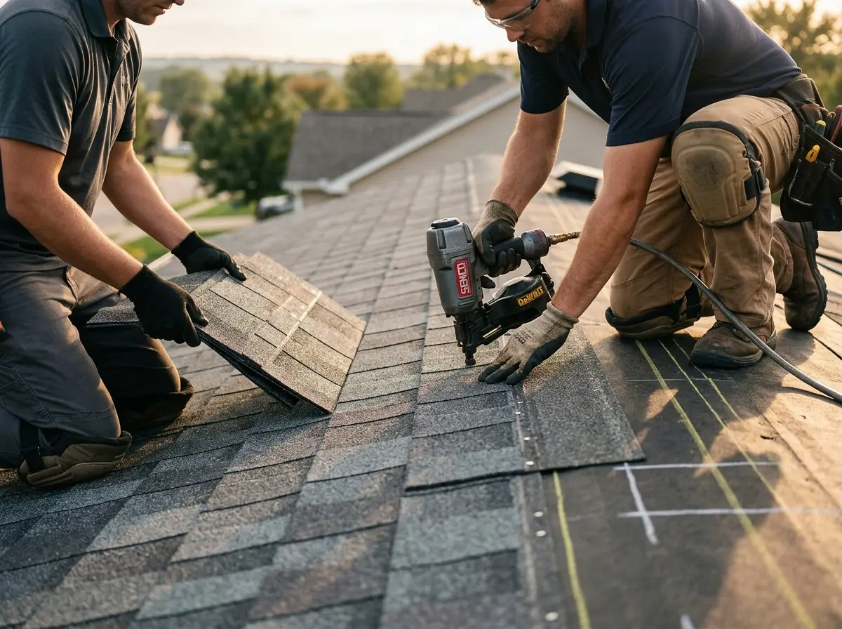 Professional roofer working on a residential roof in Elbridge
